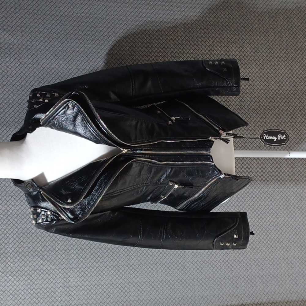 NWT Pink Bee Corp Honey Pot Size XS Black Faux Leather Zipper Coat Jacket